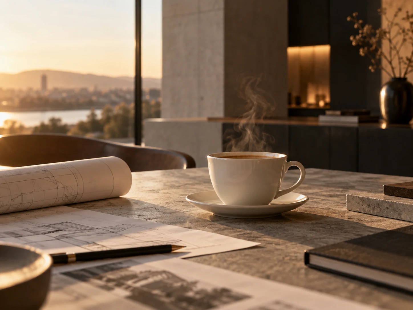 Dampfende Kaffeetasse auf einem Tisch mit Architekturplänen