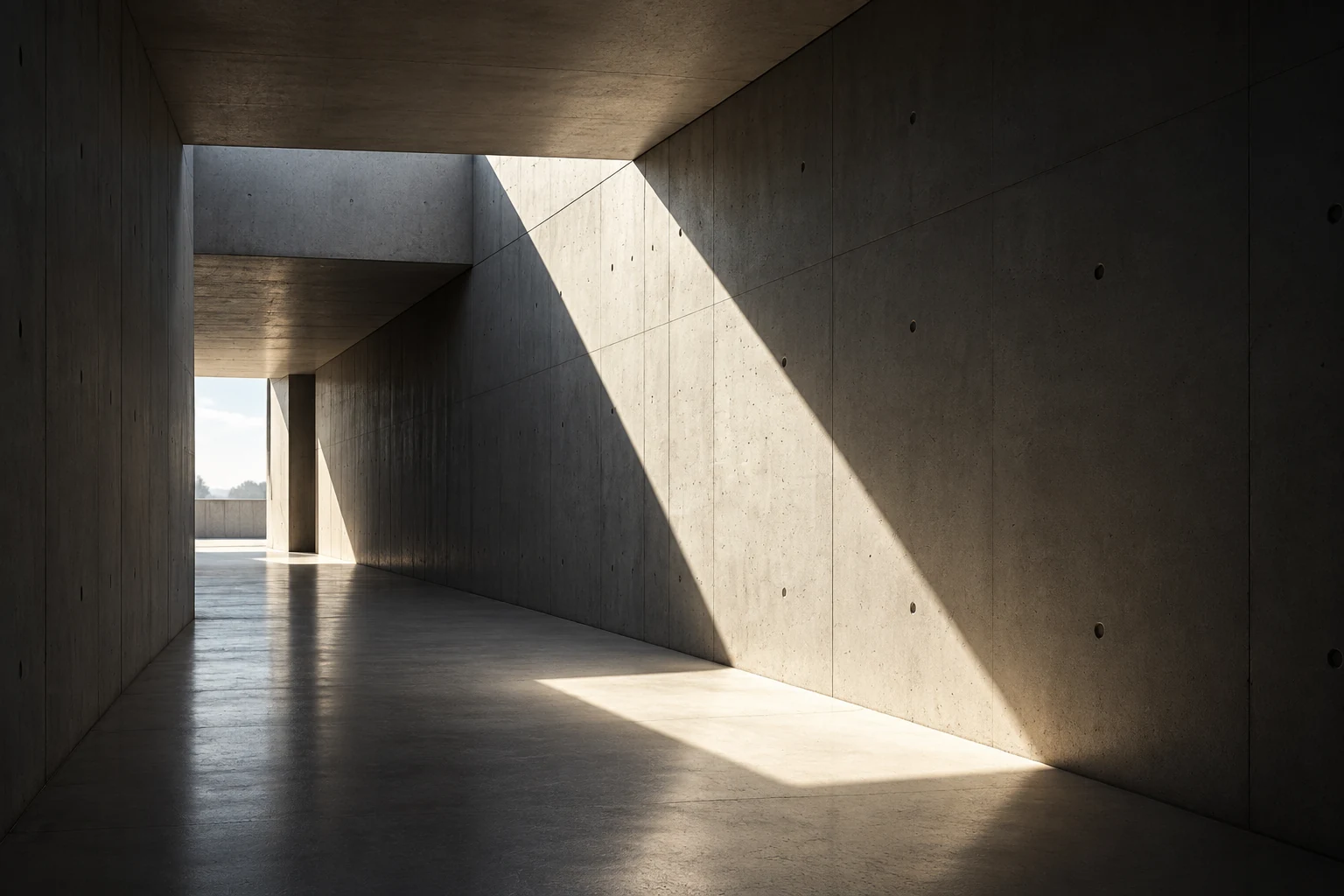 Betonkorridor mit diagonal einfallendem Licht